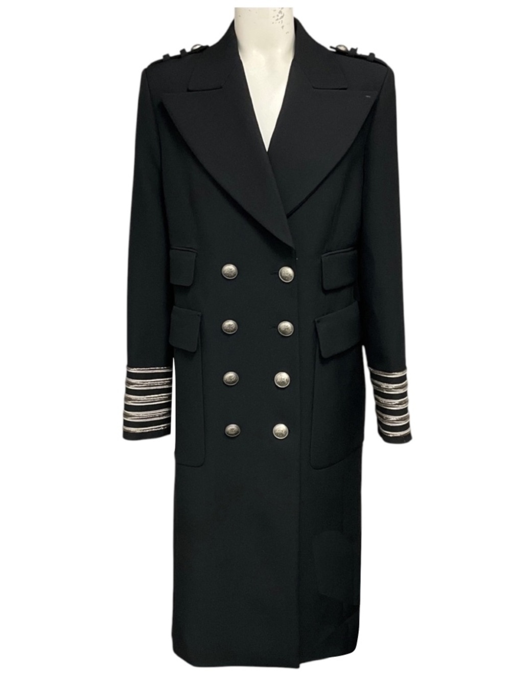 MICHAEL KORS COLLECTION BLACK WOOL AND COTTON GABARDINE MILITARY COAT